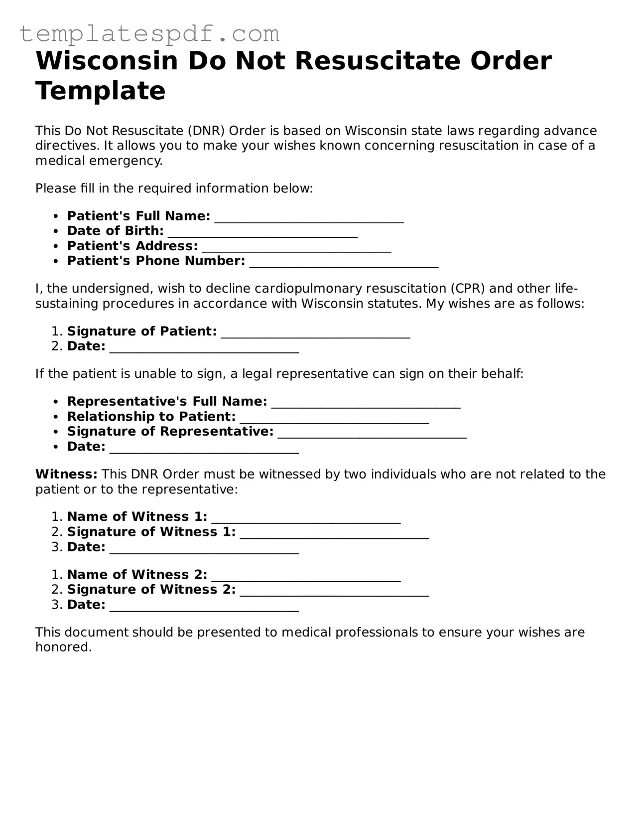 Official  Do Not Resuscitate Order Form for Wisconsin
