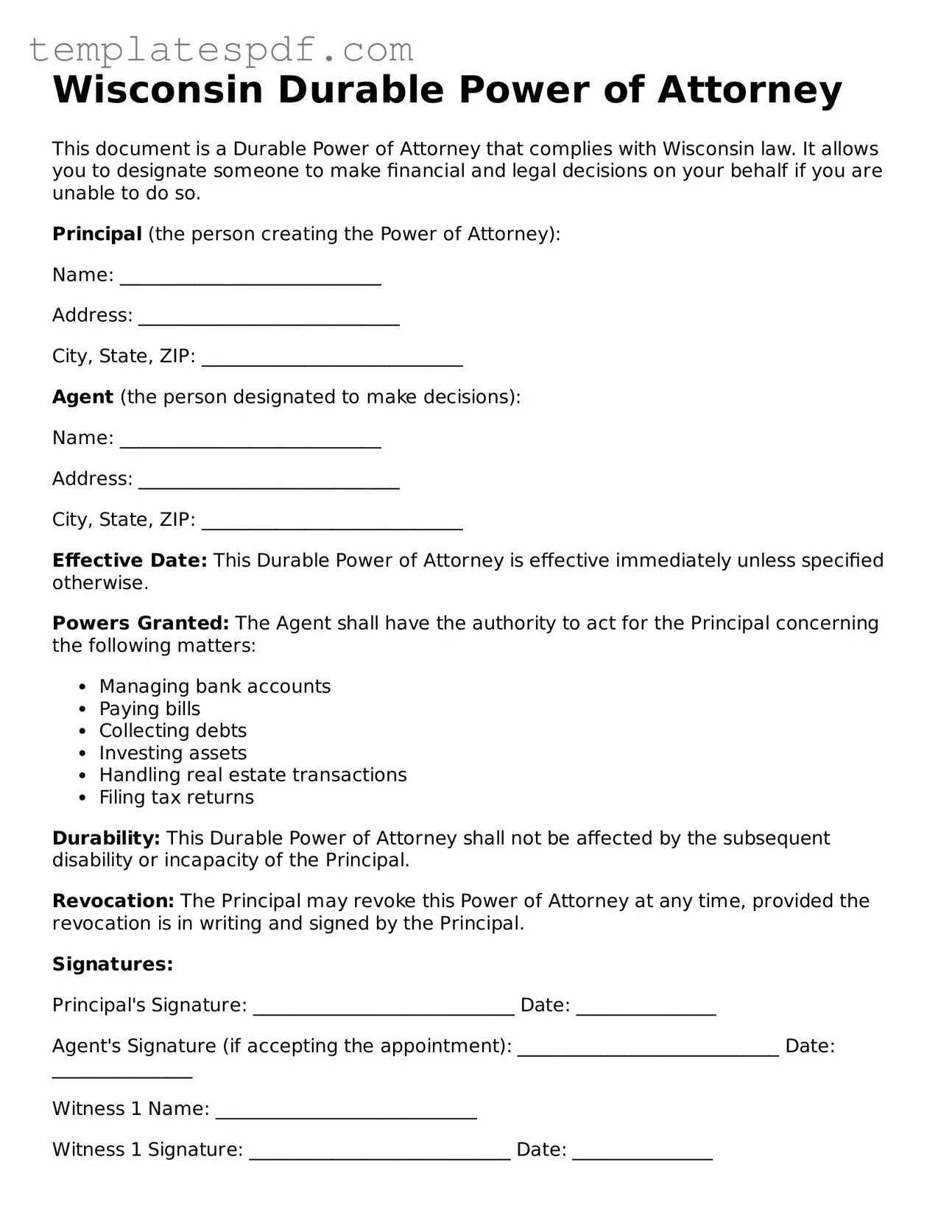 Official  Durable Power of Attorney Form for Wisconsin