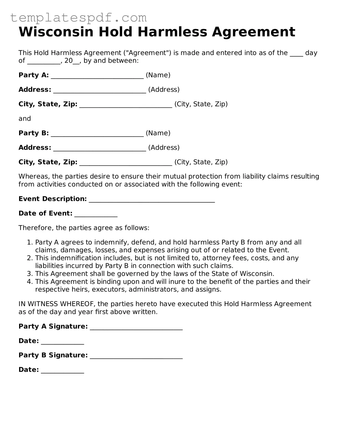 Official  Hold Harmless Agreement Form for Wisconsin
