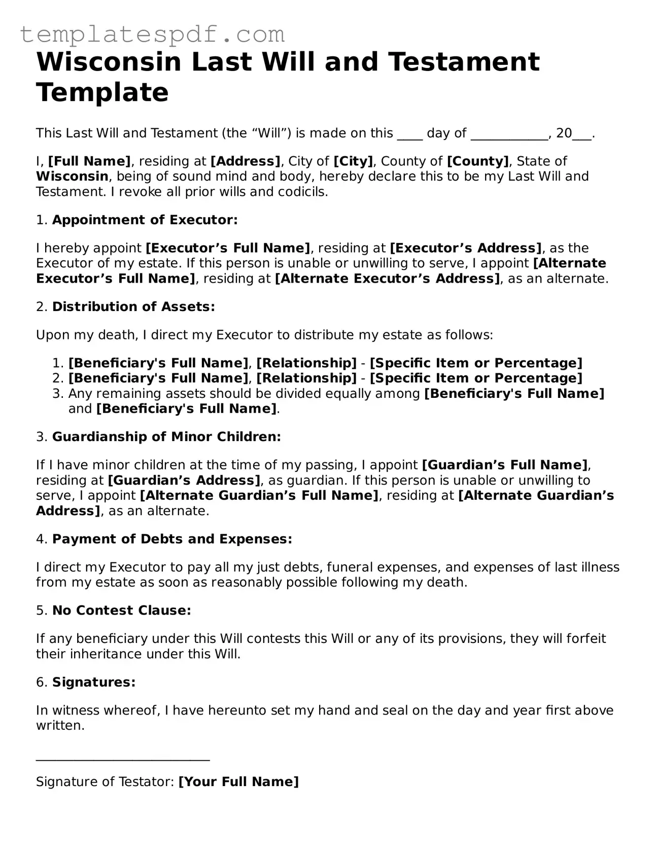 Official  Last Will and Testament Form for Wisconsin