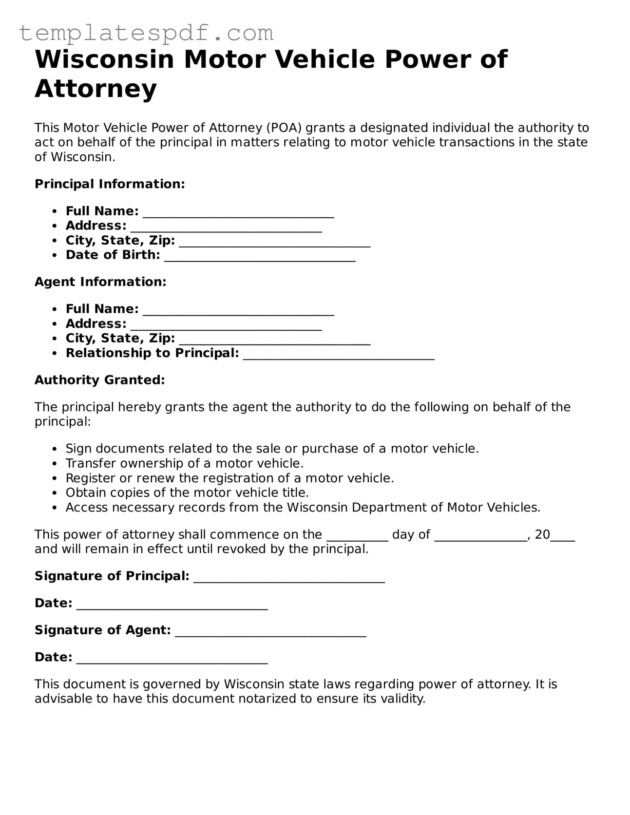 Official  Motor Vehicle Power of Attorney Form for Wisconsin