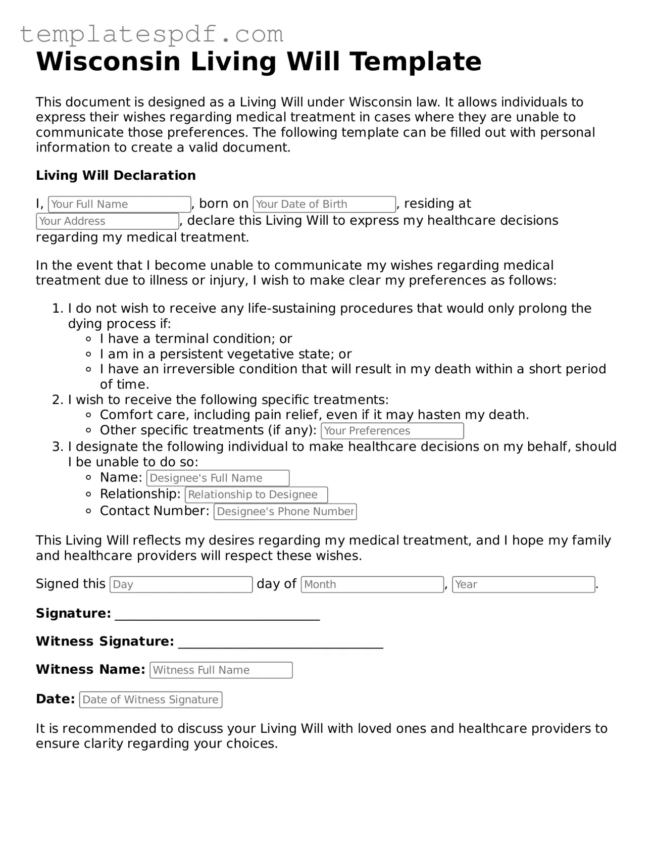 Official  Living Will Form for Wisconsin