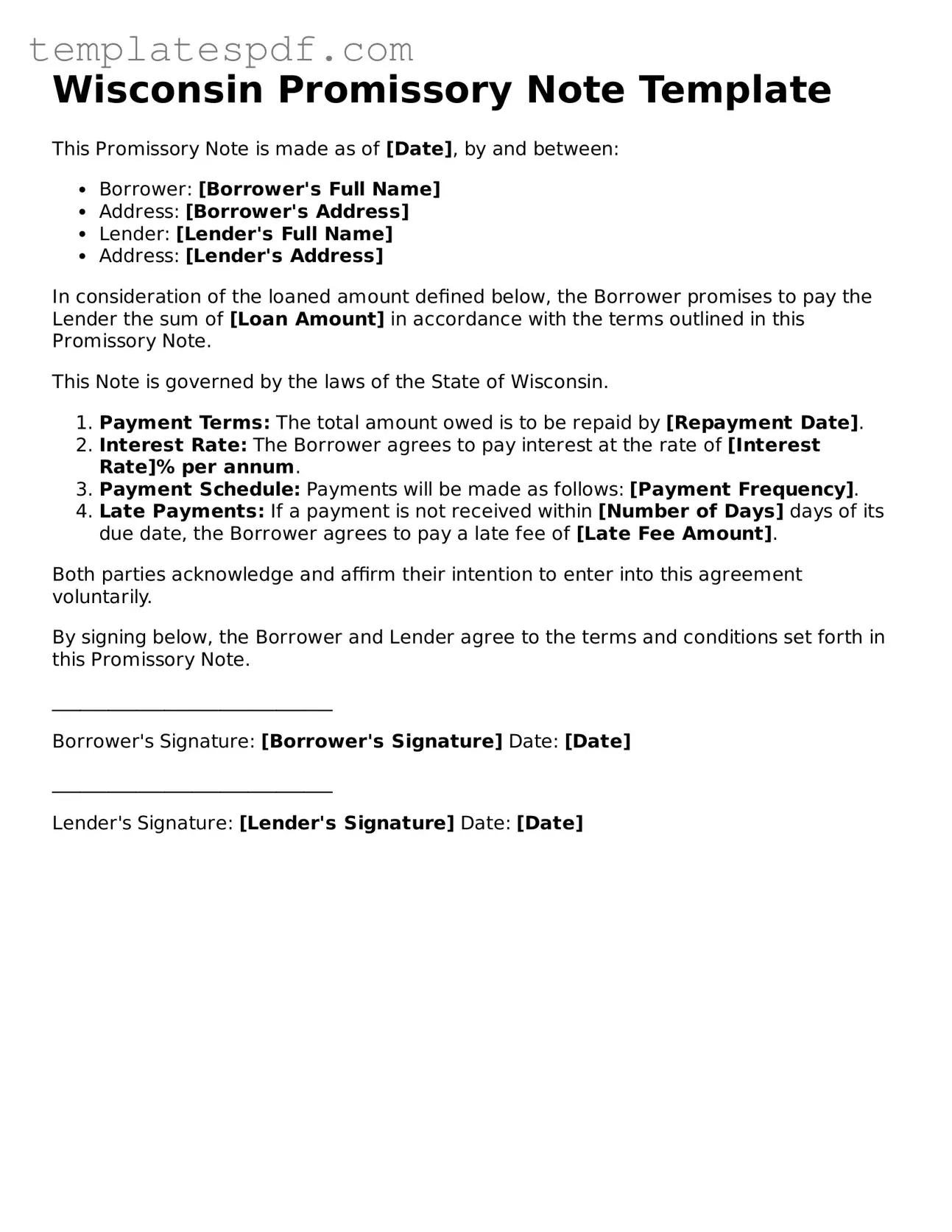 Official  Promissory Note Form for Wisconsin