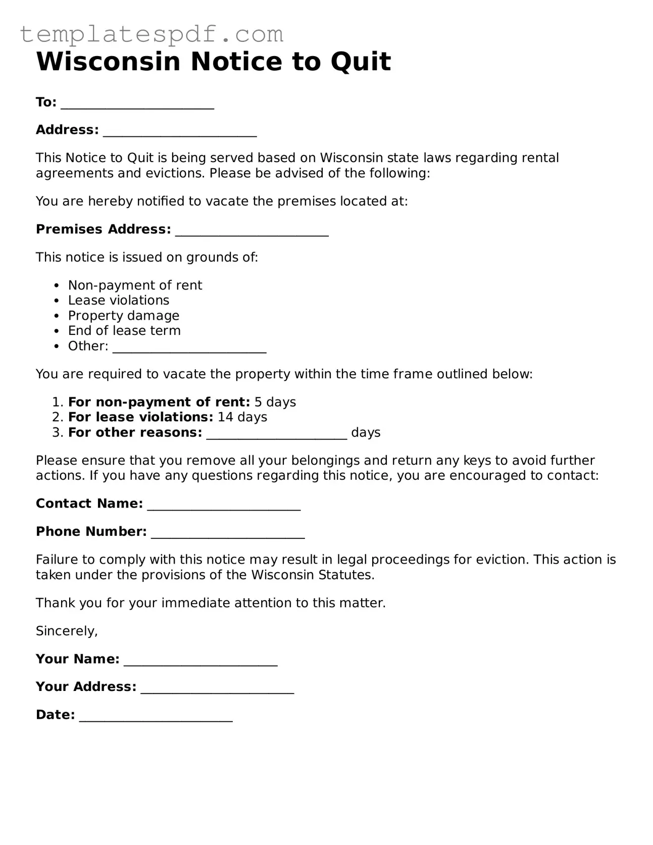 Official  Notice to Quit Form for Wisconsin