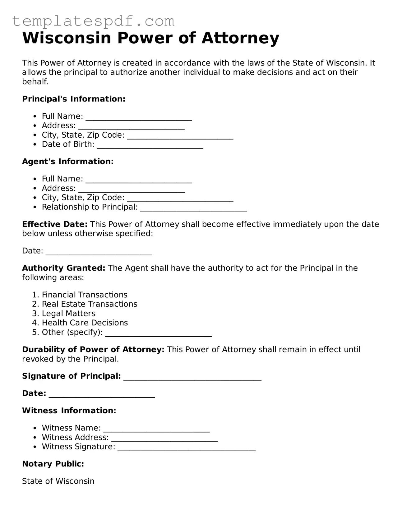 Official  Power of Attorney Form for Wisconsin