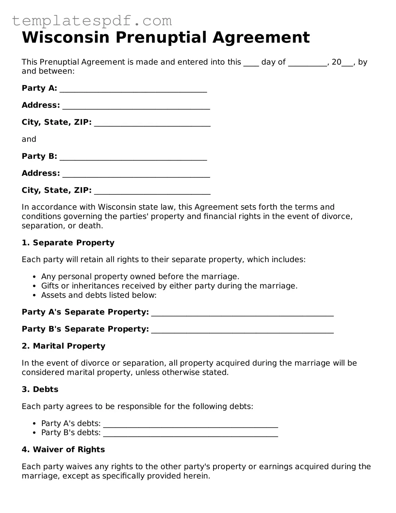 Official  Prenuptial Agreement Form for Wisconsin