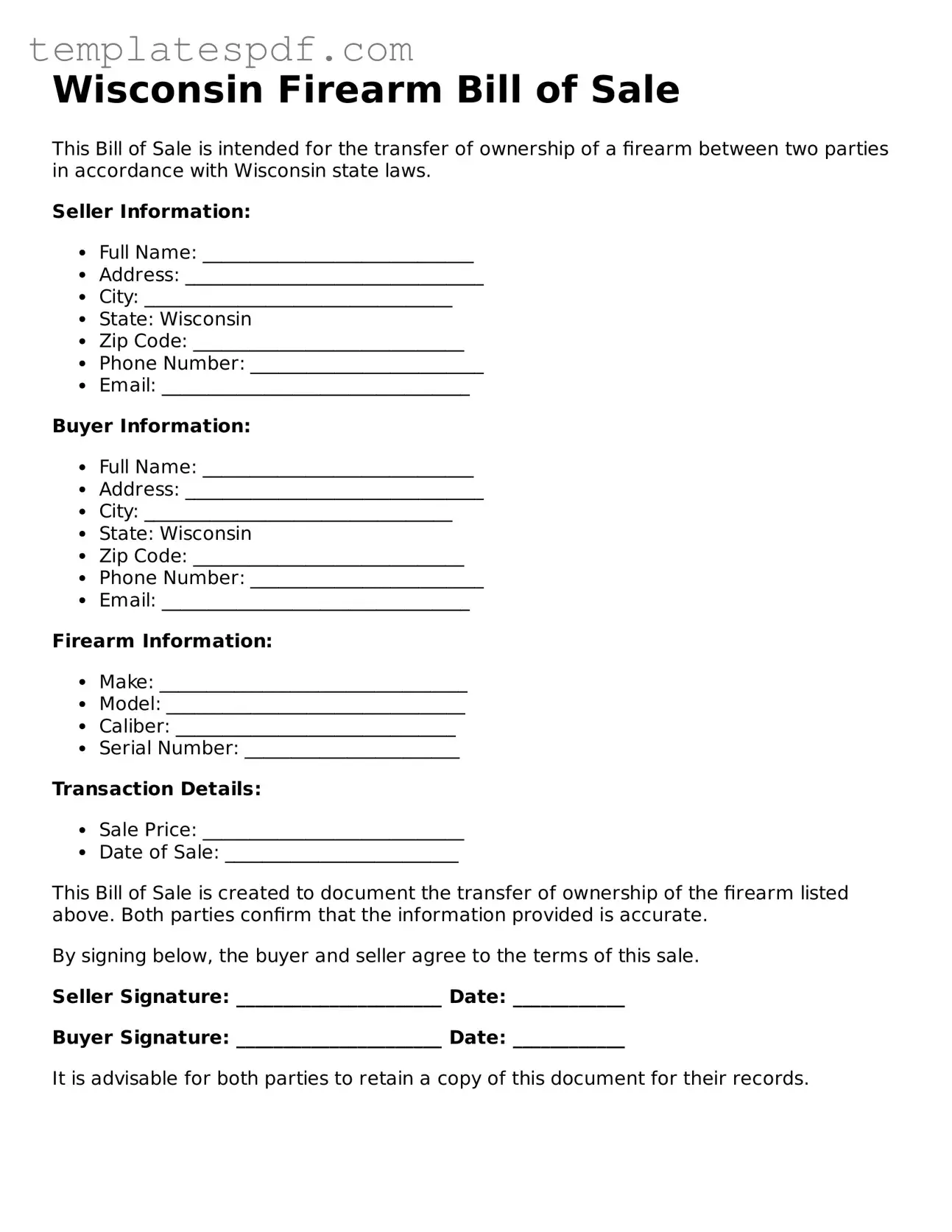 Official  Firearm Bill of Sale Form for Wisconsin