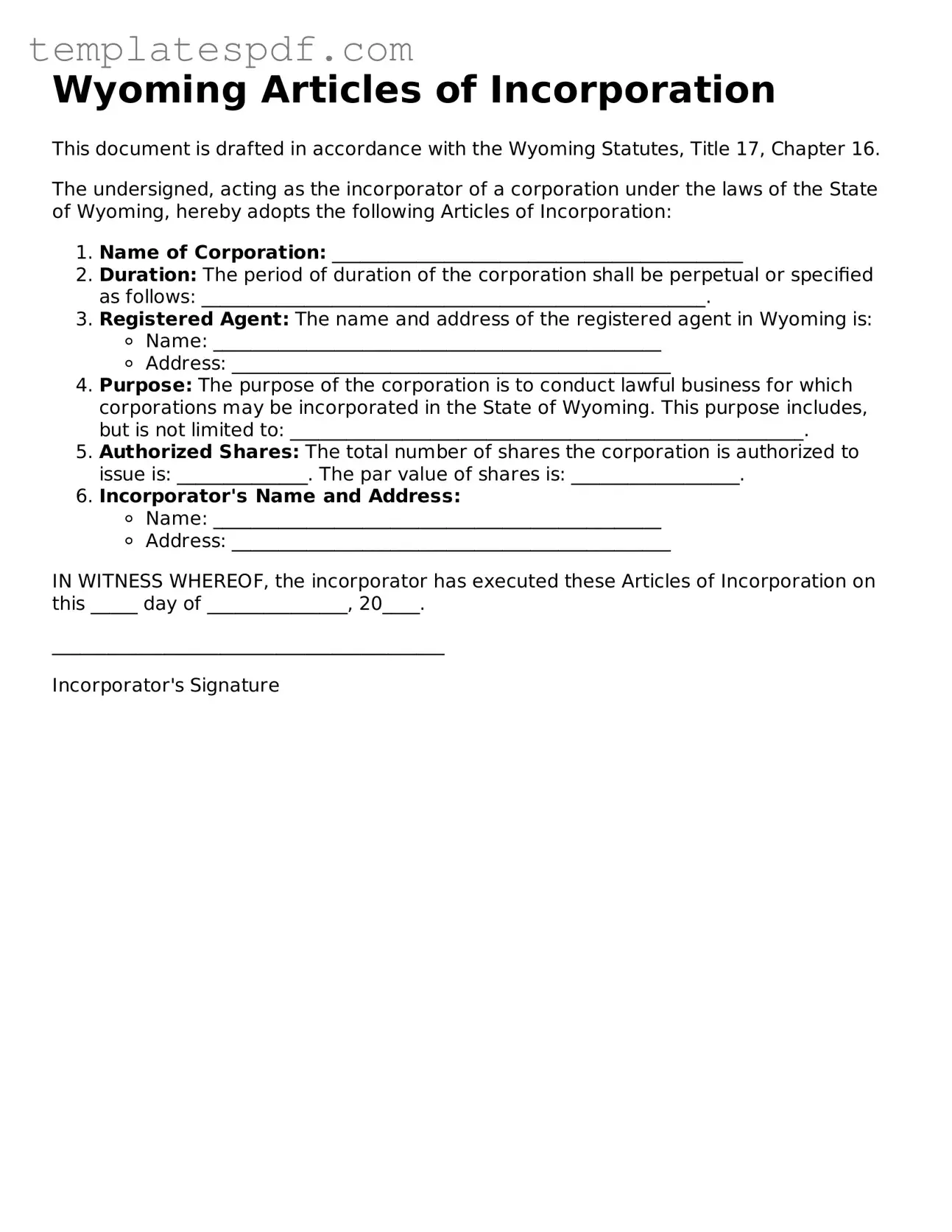 Official  Articles of Incorporation Form for Wyoming