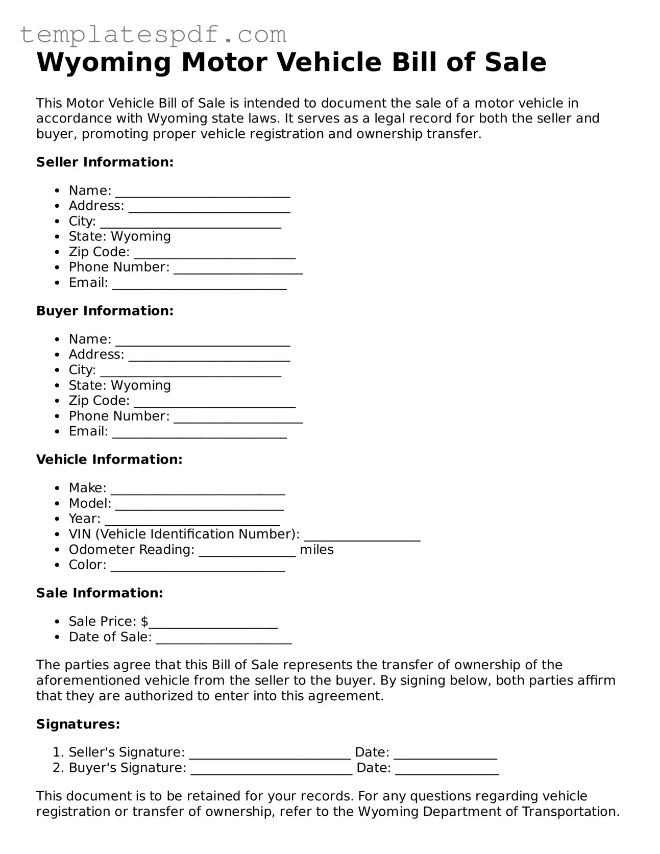 Official  Motor Vehicle Bill of Sale Form for Wyoming