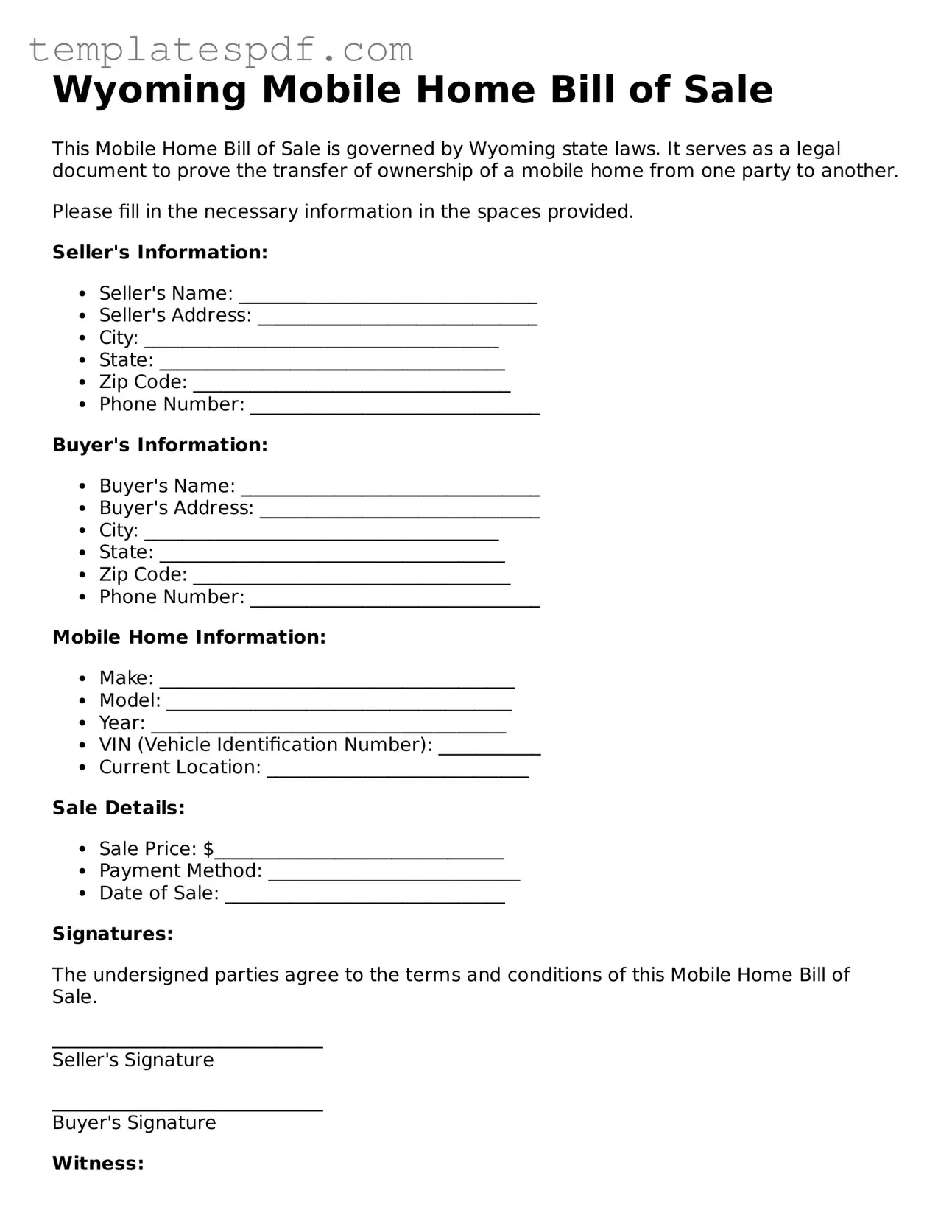 Official  Mobile Home Bill of Sale Form for Wyoming