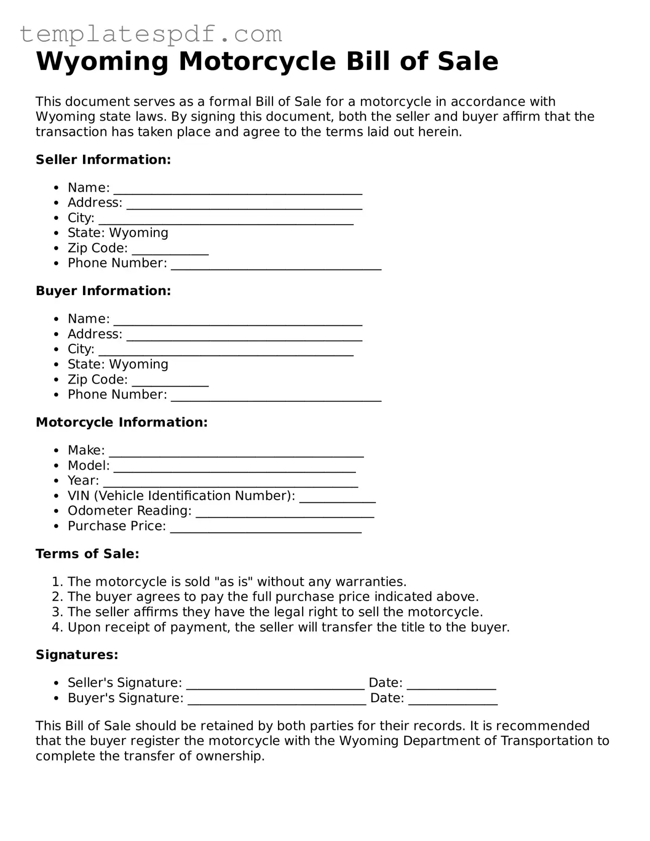 Official  Motorcycle Bill of Sale Form for Wyoming