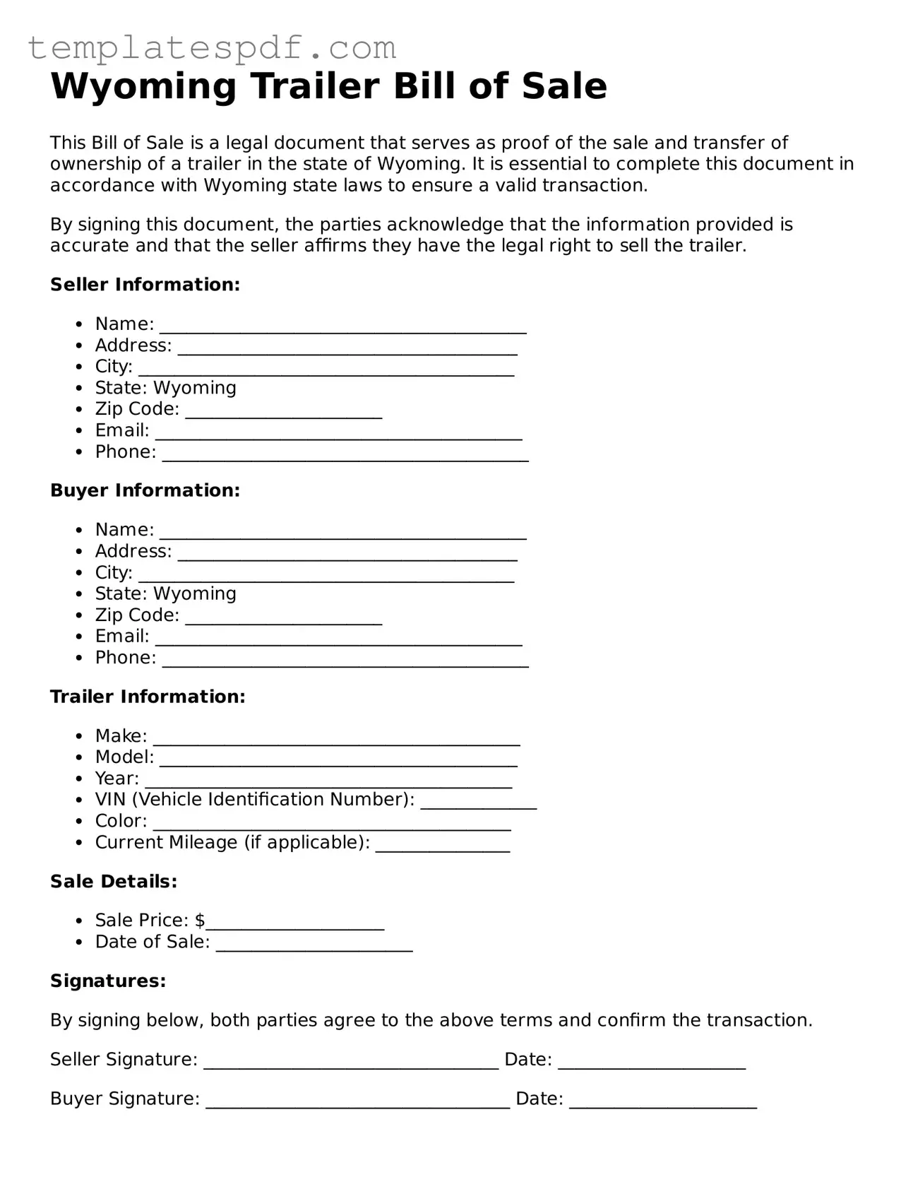 Official  Trailer Bill of Sale Form for Wyoming