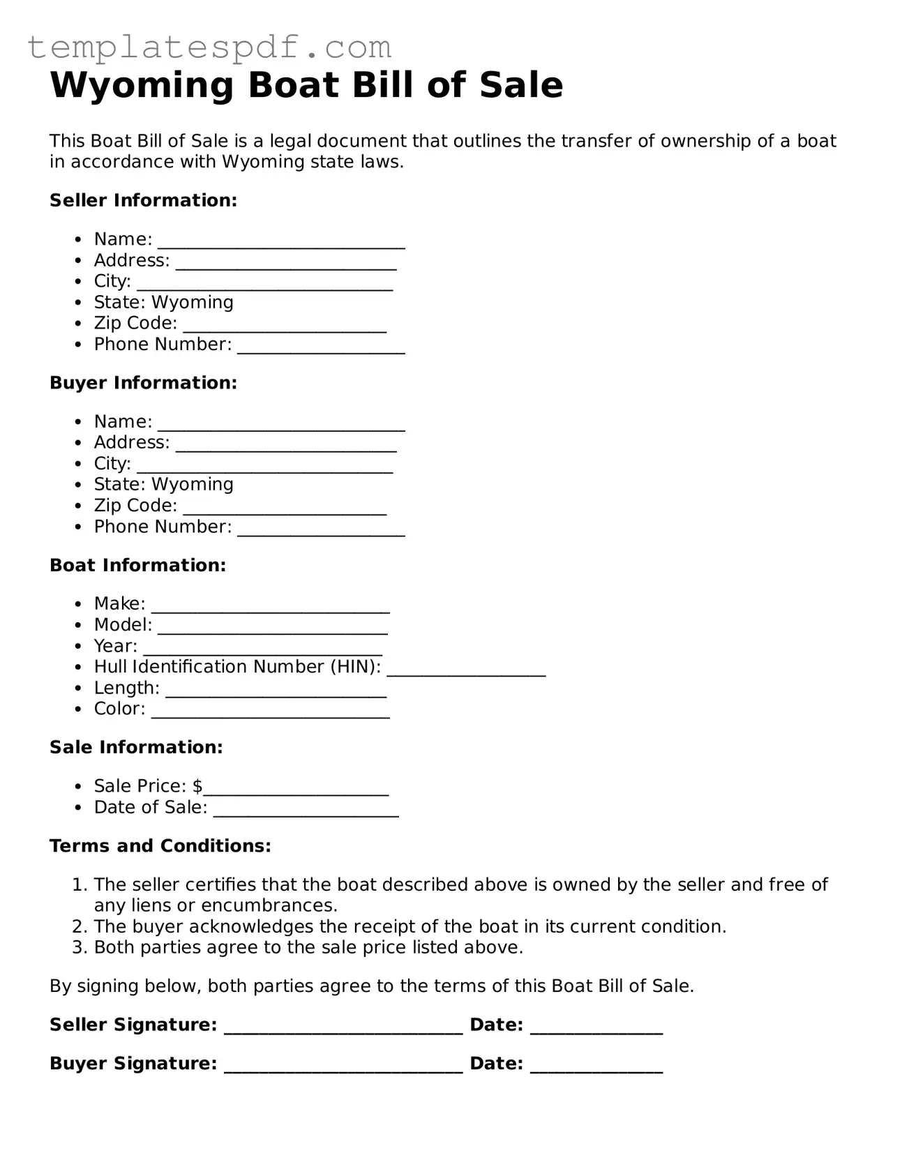 Official  Boat Bill of Sale Form for Wyoming