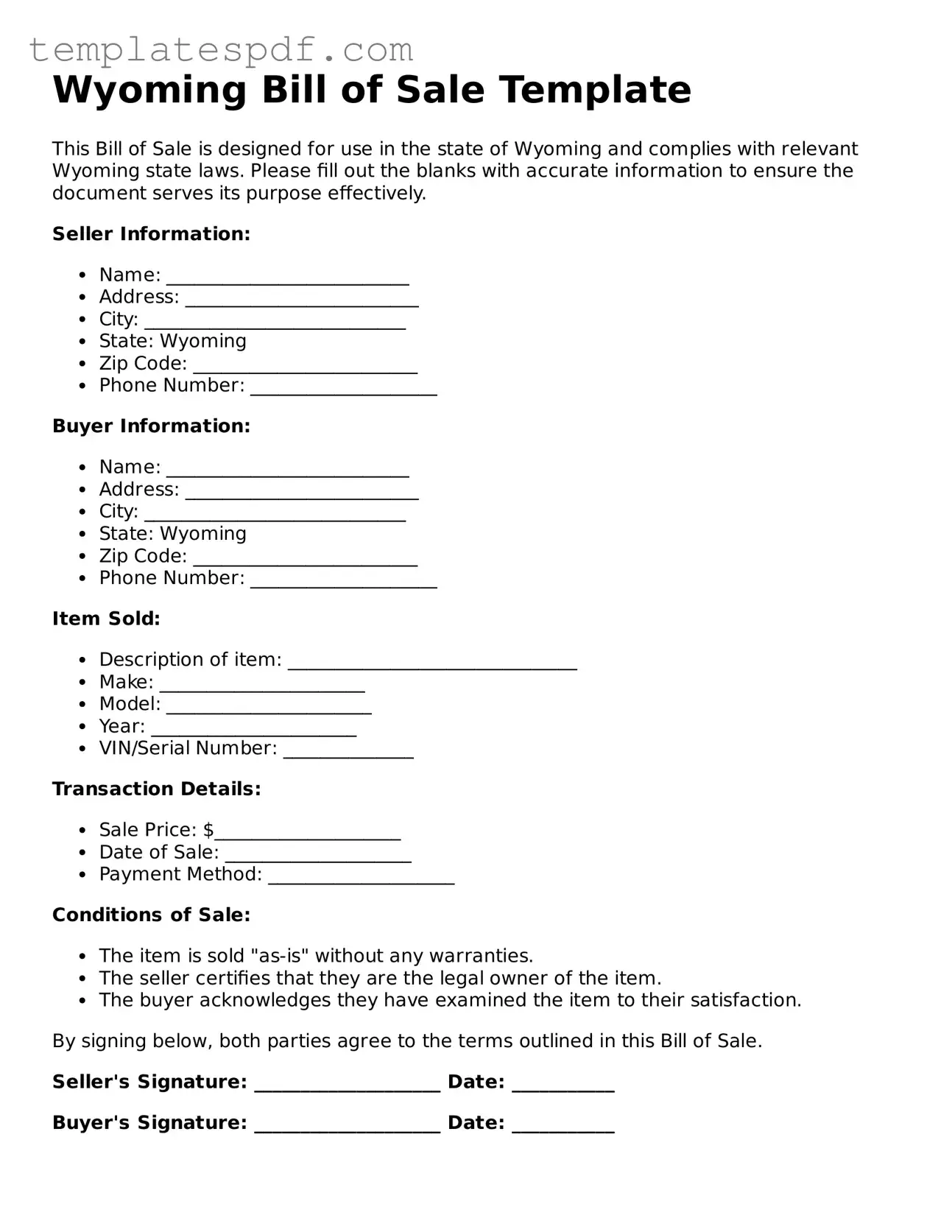 Official  Bill of Sale Form for Wyoming