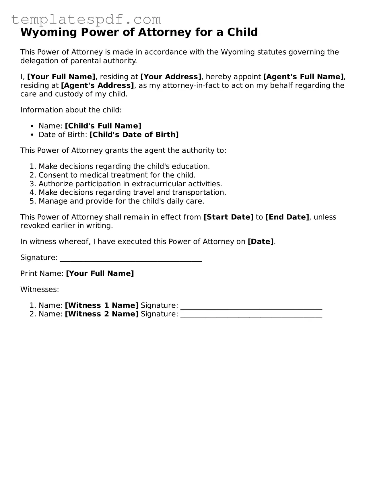 Official  Power of Attorney for a Child Form for Wyoming
