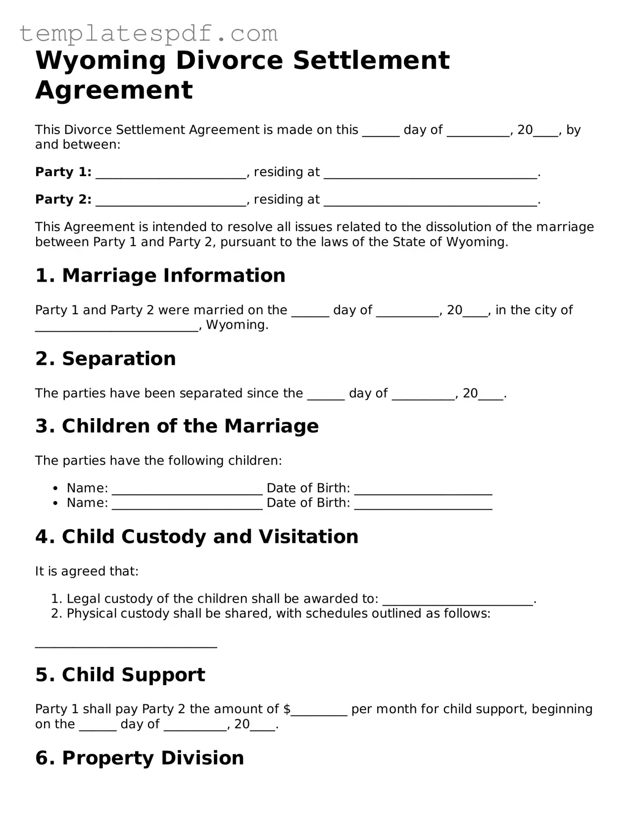 Official  Divorce Settlement Agreement Form for Wyoming