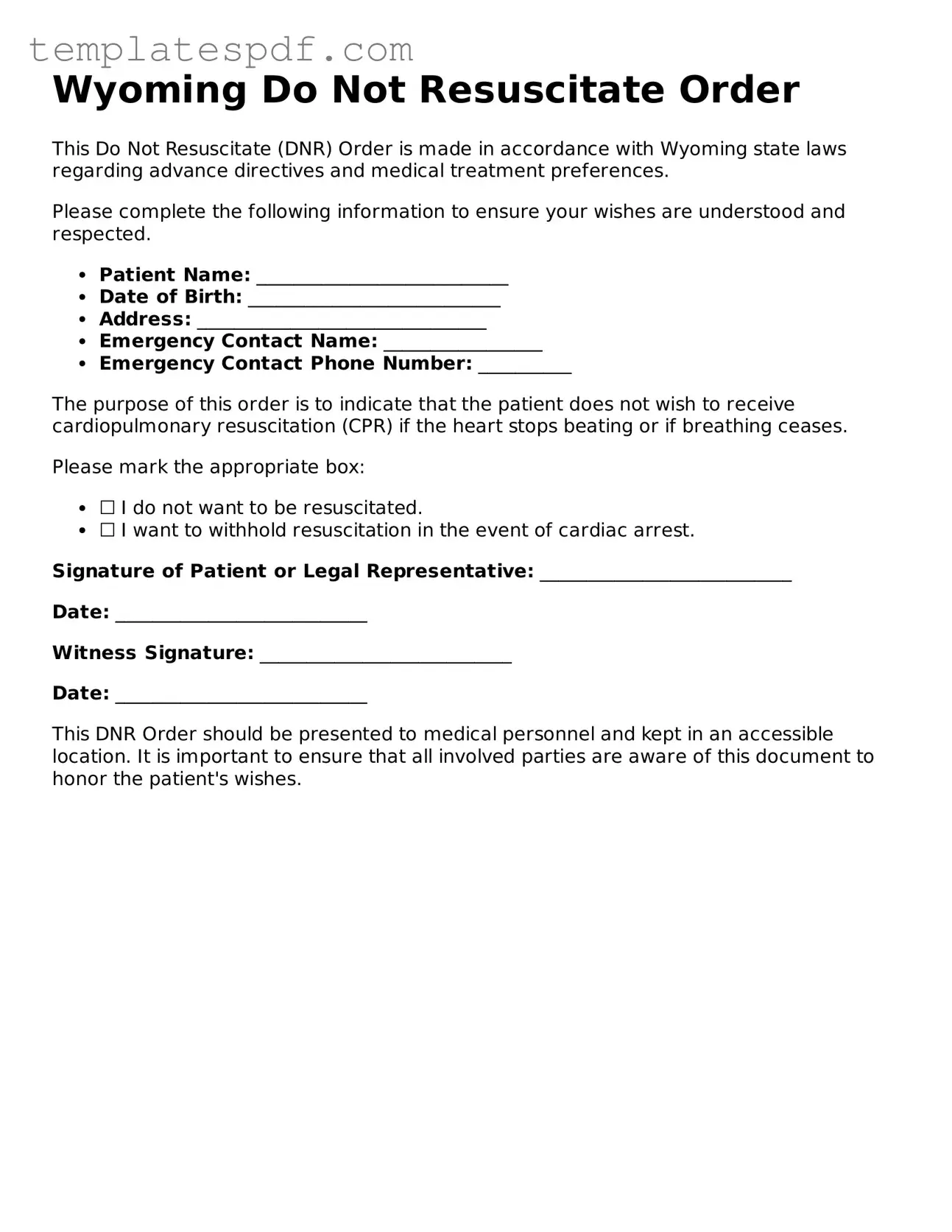 Official  Do Not Resuscitate Order Form for Wyoming