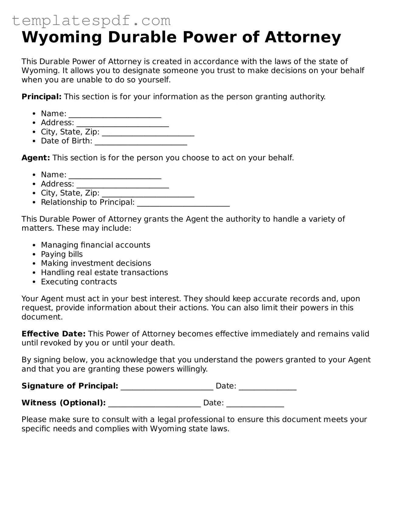 Official  Durable Power of Attorney Form for Wyoming
