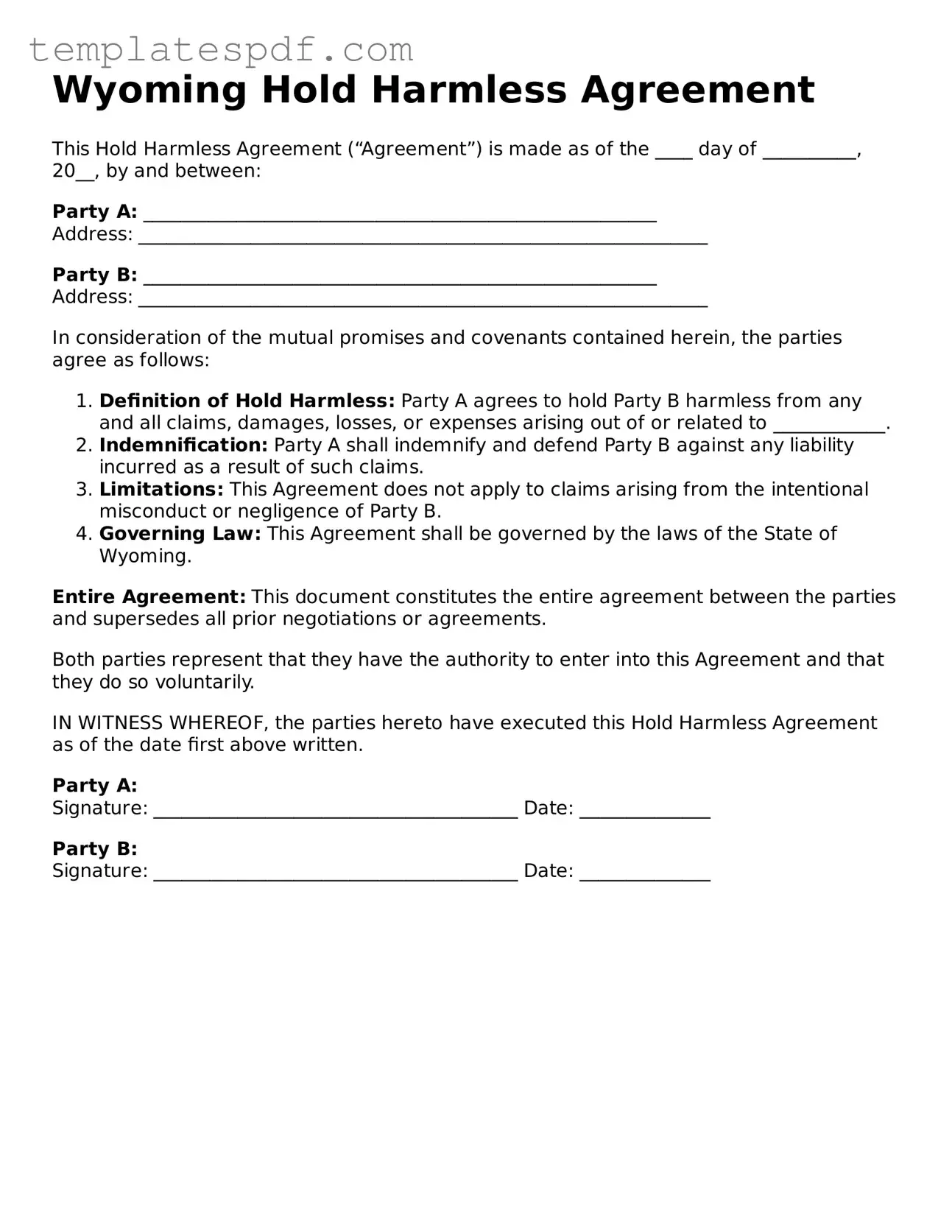 Official  Hold Harmless Agreement Form for Wyoming