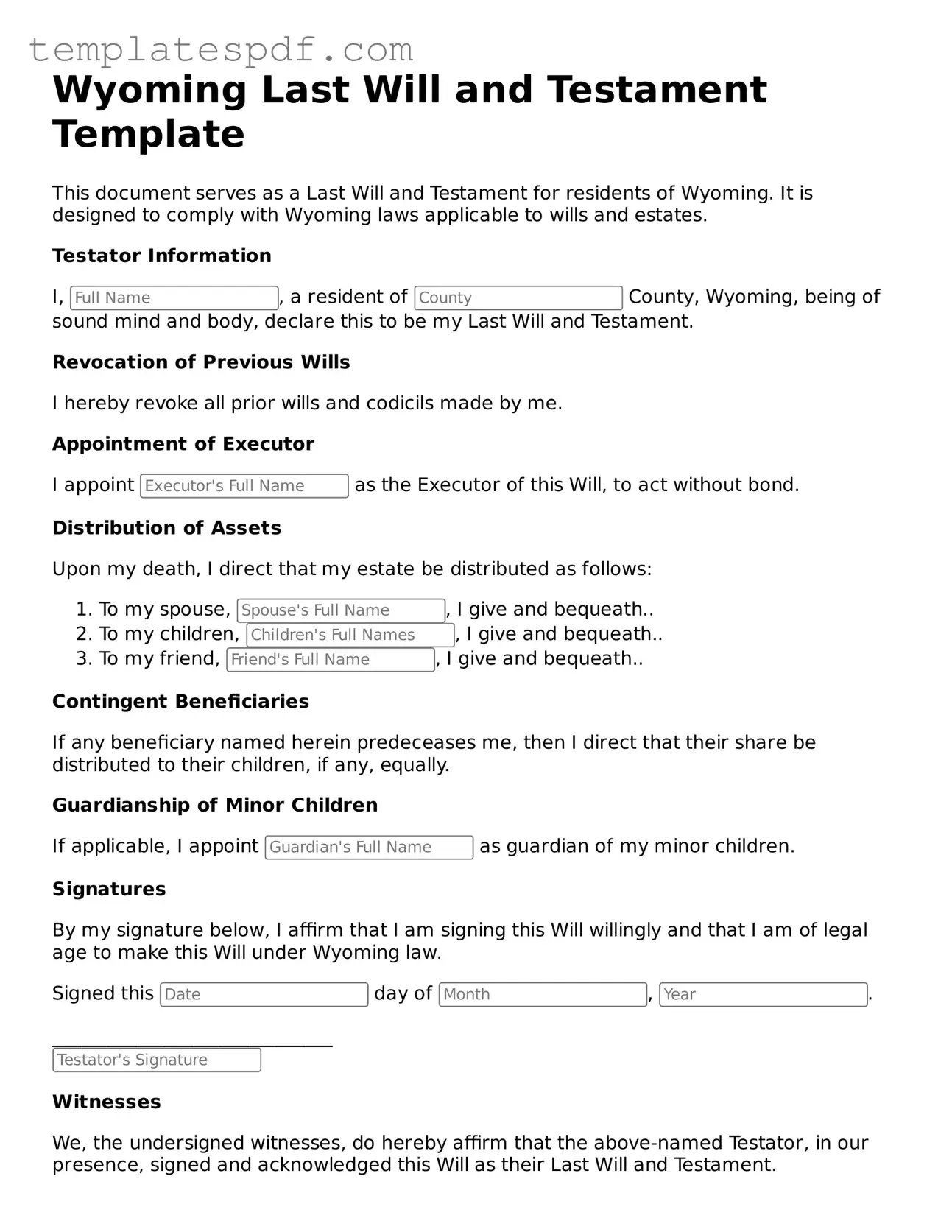 Official  Last Will and Testament Form for Wyoming