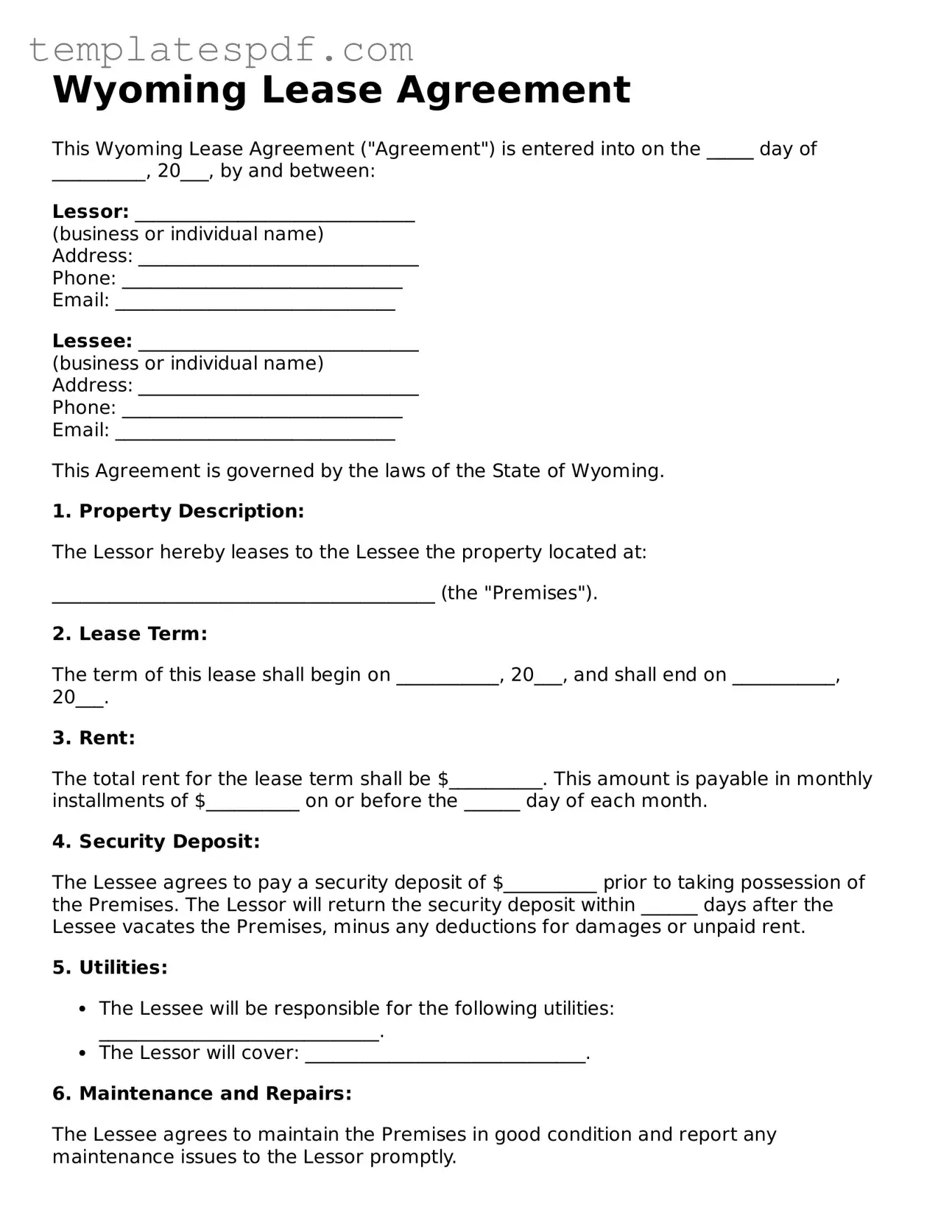 Official  Lease Agreement Form for Wyoming