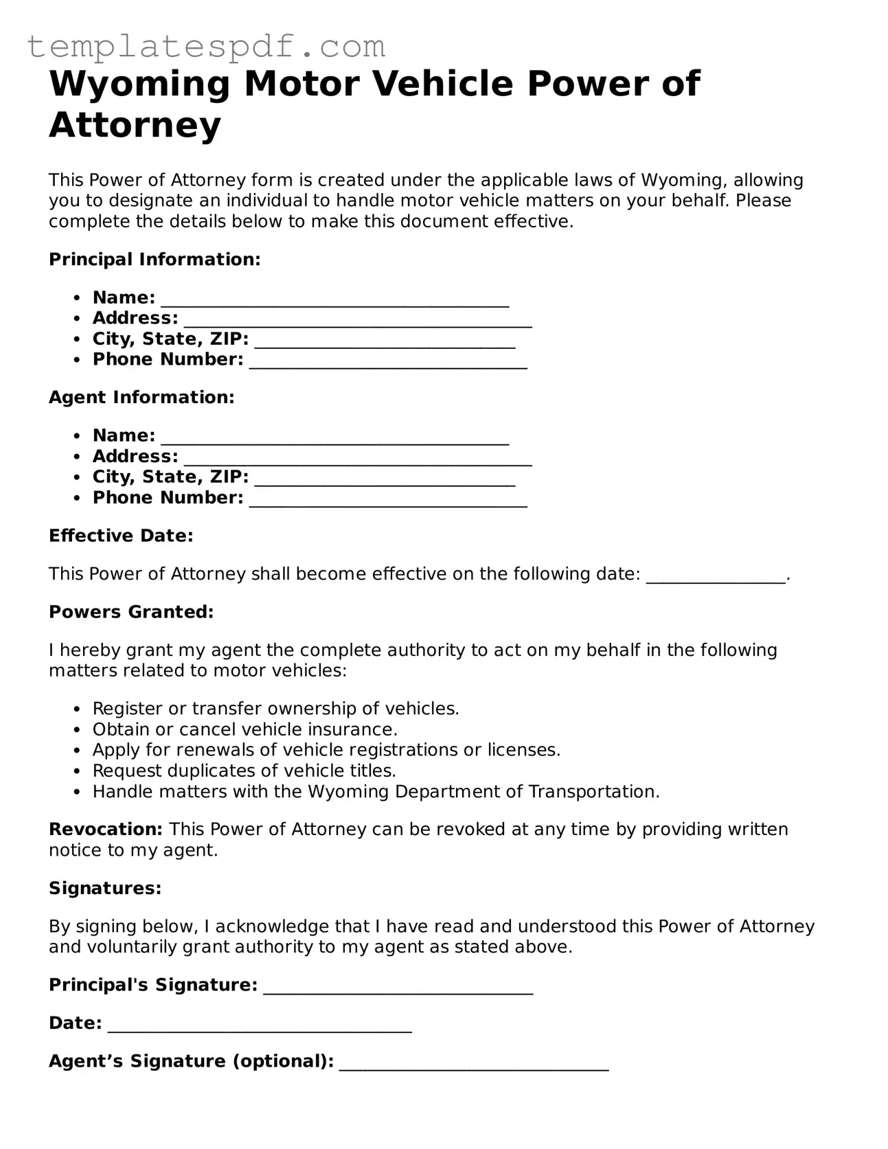 Official  Motor Vehicle Power of Attorney Form for Wyoming