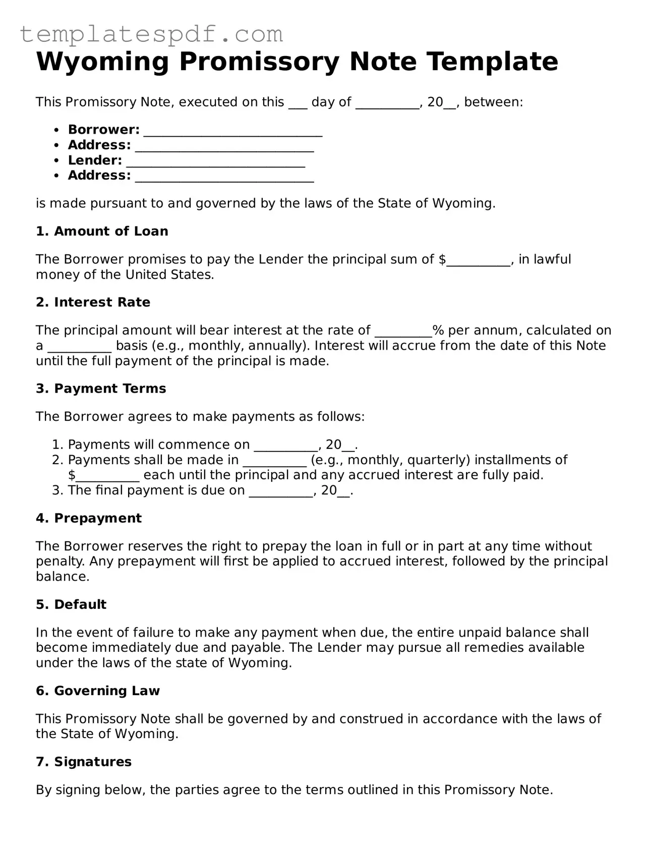 Official  Promissory Note Form for Wyoming
