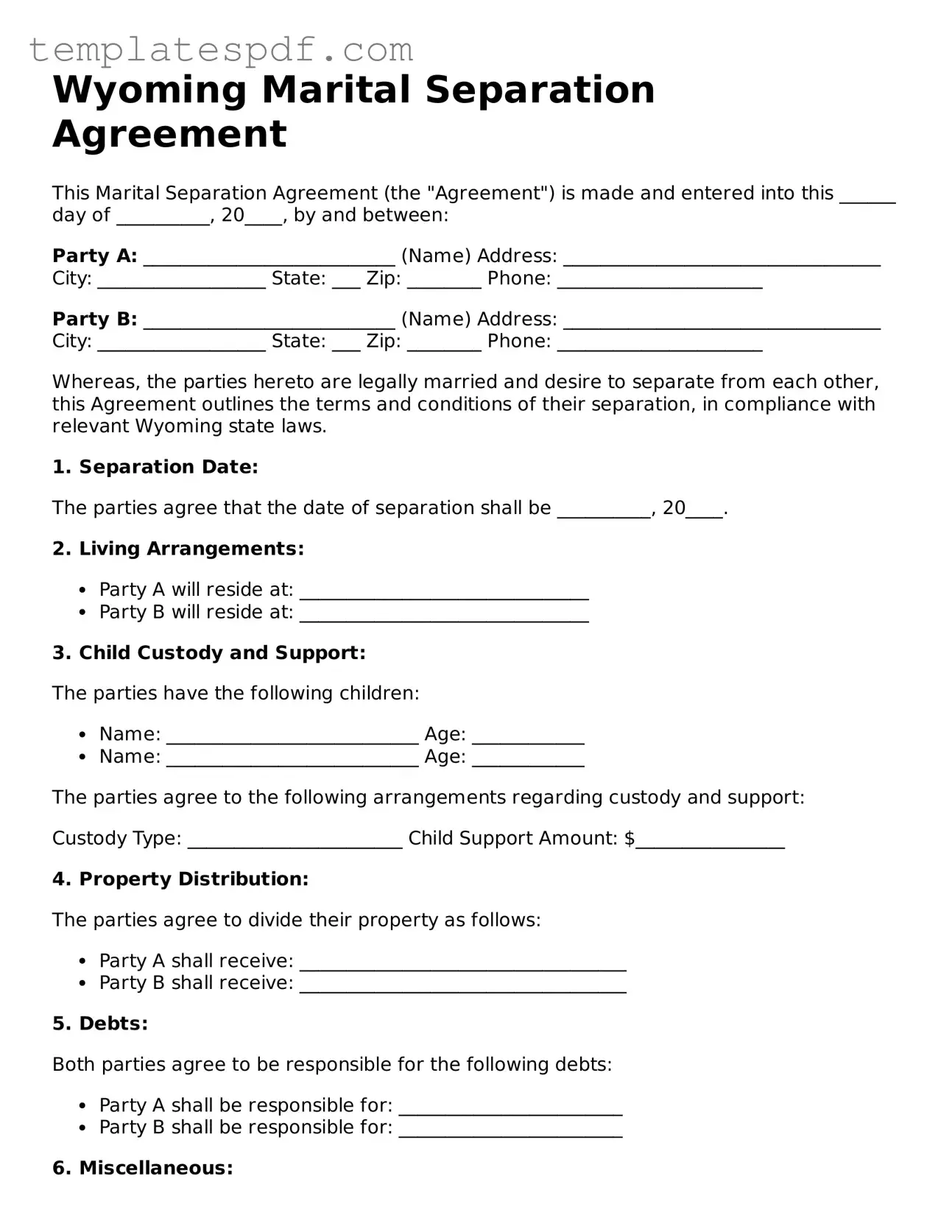 Official  Marital Separation Agreement Form for Wyoming