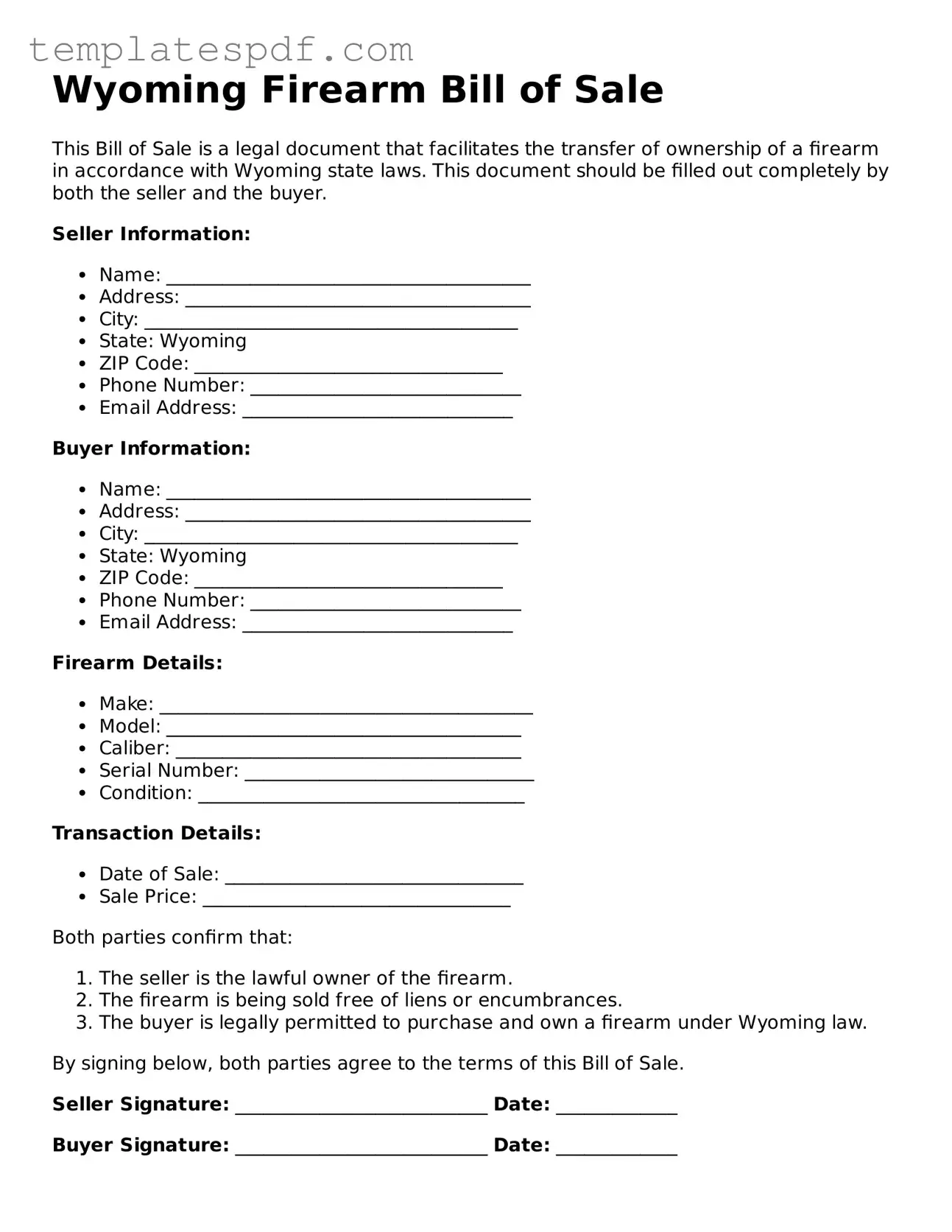 Official  Firearm Bill of Sale Form for Wyoming